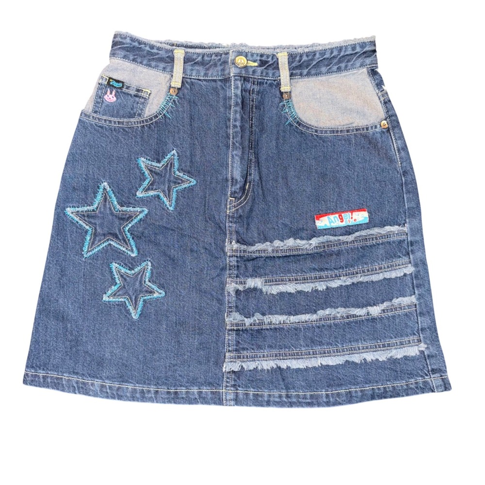 Angel Blue Denim Mini Skirt Women L Blue Good Star Patchwork Harajuku Y2K Rare